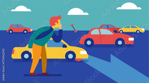 A person struggling to find their car in a parking lot because they cant remember where they parked.. Vector illustration