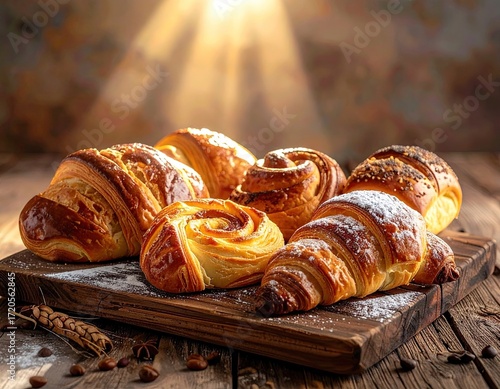 Golden Brown Baked Pastry Assortment on Rustic Wooden Board
