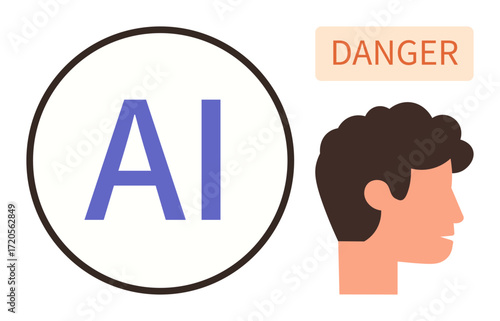 Bold AI text inside a circle alongside a warning label reading Danger near a human silhouette. Ideal for technology, artificial intelligence, ethics, safety, caution, awareness, responsibility