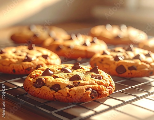 Golden Brown Chocolate Chip Cookies Cooling on Rack