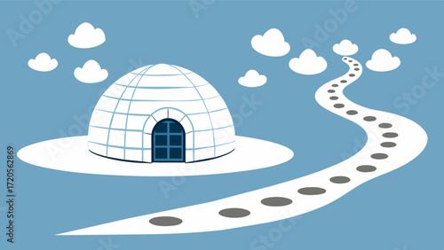 An intricate pattern of footprints leading to and from the igloo marking the nomads path through the snow.. Vector illustration