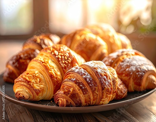 Golden Brown Croissants on Dark Plate