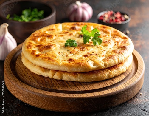 Golden Brown Flatbread on Wooden Board