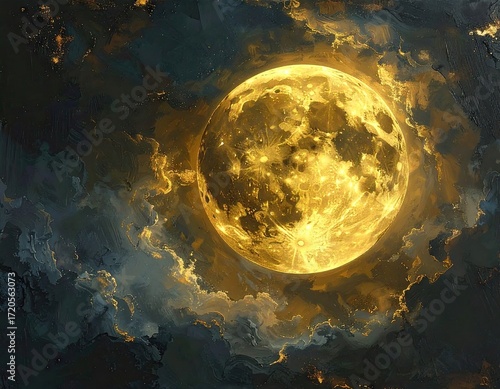 Golden Celestial Orb in Cosmic Clouds