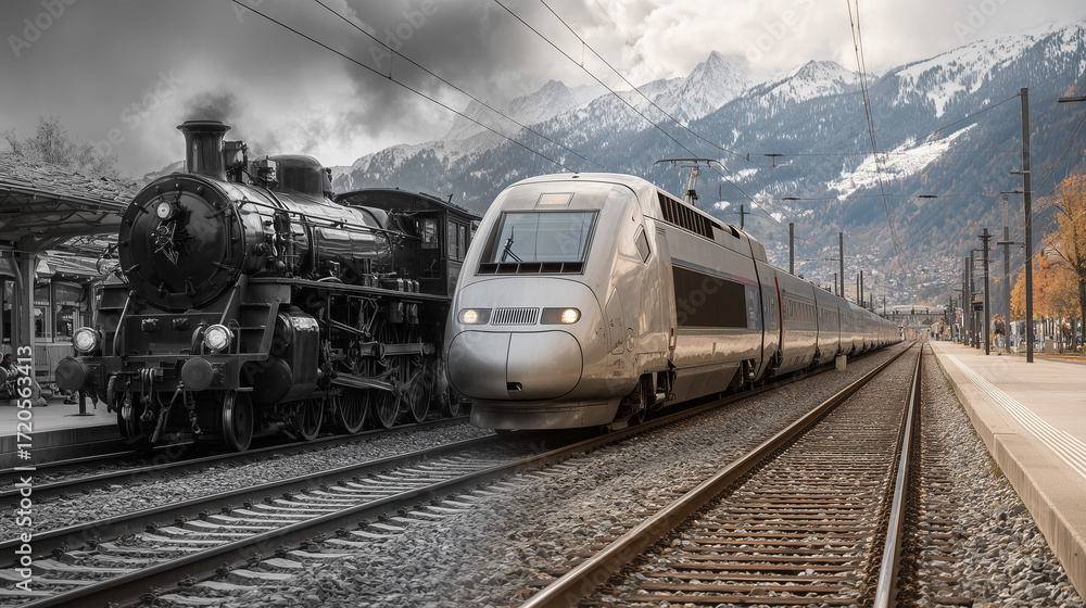 Obraz premium Modern High-Speed Train Passing Historic Steam Locomotive at Mountainous Railway Station