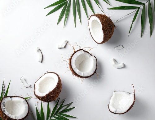 Glitter Coconut Halves with Palm Leaves on White Background