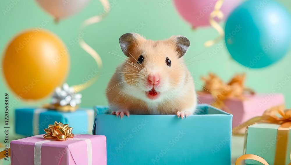 Fototapeta premium A cute hamster peeks out of a gift box surrounded by colorful balloons and presents.