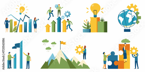 Diverse business concepts illustrated with people charts ideas and teamwork elements