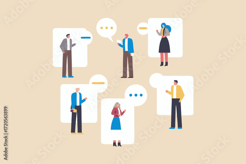 Diverse group of people communicating and sharing ideas in a modern flat design style