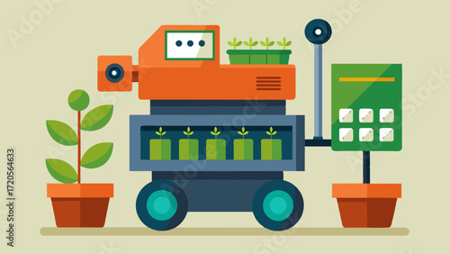 A robotic seed planter equipped with a storage compartment able to switch between different seed types on demand for crop rotation.. Vector illustration