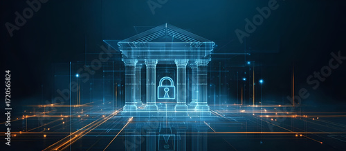 A digital bank building with a secure lock, symbolizing cybersecurity and finance.