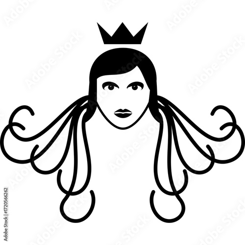 Silhouette of queen in side profile, elegant hairstyle in bun, wearing royal crown, minimalist black and white vector design, logo-style illustration