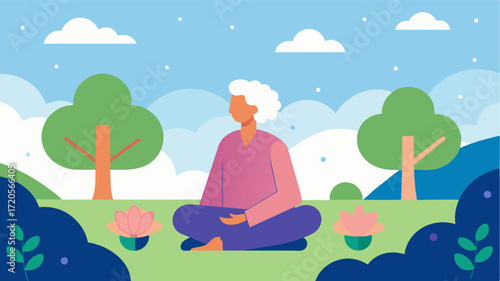 A peaceful scene of an older adult practicing mindfulness in a garden focusing on the present moment and taking in the beauty of their surroundings. Mindfulness has been shown to. Vector illustration