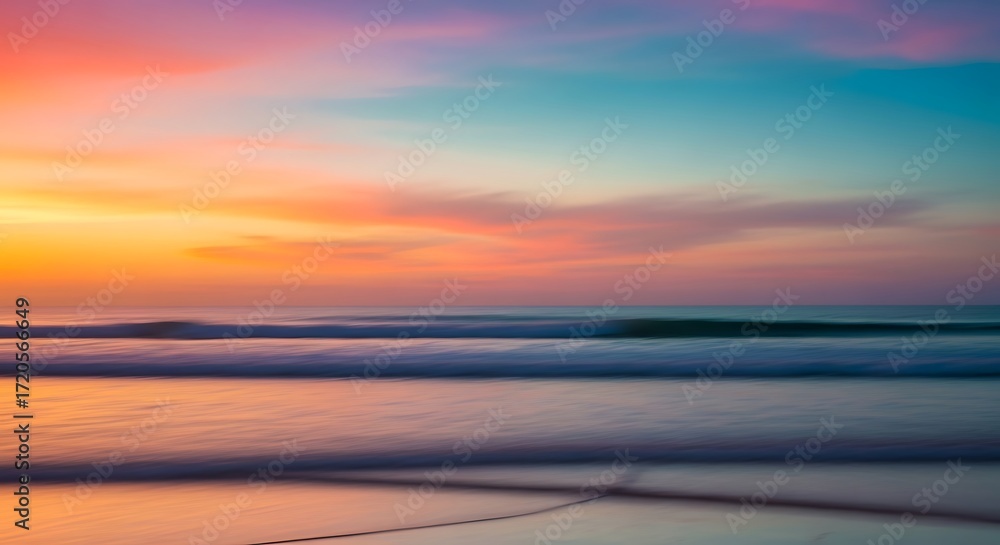 Fototapeta premium Vibrant sunset over the ocean with colorful sky reflecting on the water and gentle waves.