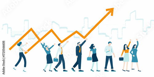Diverse group of business people celebrating success with an upward trending graph against a city skyline background