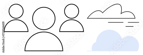 Three minimal human figures next to cloud imagery, symbolizing teamwork, cloud storage, and communication. Ideal for technology, networking, collaboration, community, digital platforms remote work