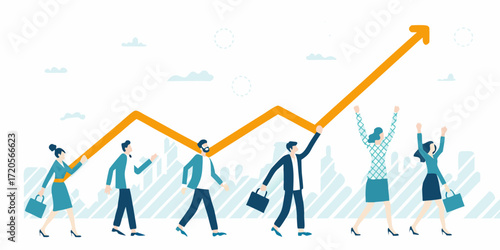 Diverse business professionals celebrate upward trending growth chart representing success and achievement