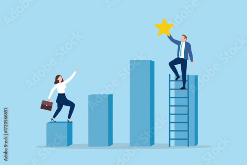 Business people climbing bar graph steps to reach for a golden star representing success and achievement