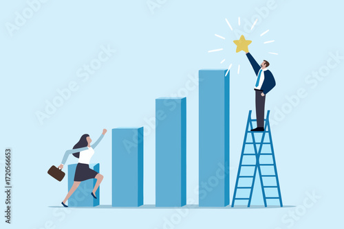 Business professionals climbing a rising bar graph to reach a shining star representing success and achievement