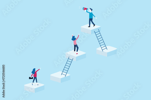Diverse team members climbing abstract steps using ladders to reach goals and achieve success