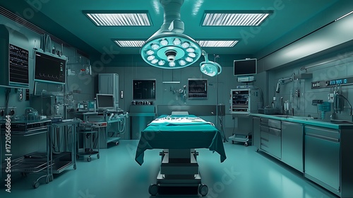 Sterile Operating Room Interior with Surgical Table, Monitors, and Surgical Lighting System Showing Equipment