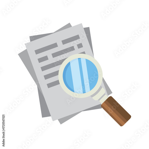 A magnifying glass hovers over a stack of papers