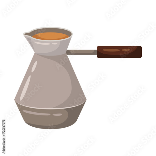 A metal coffee pot with a brown handle and amber liquid