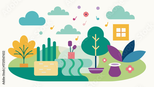 A therapeutic garden with a variety of textures scents and sounds designed to engage the senses and improve cognitive function for those with Alzheimers or dementia.. Vector illustration