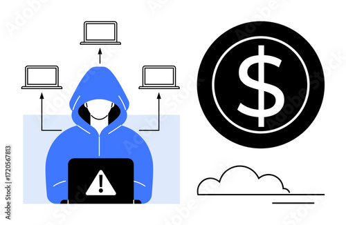 Hooded figure using laptop with alert sign, connected to multiple devices, and large dollar sign nearby. Ideal for hacking, data breach, online crime, identity theft, financial loss, cybersecurity