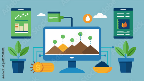 Advanced software algorithms that analyze soil data and recommend the most effective fertilizer injection rates for different types of crops.. Vector illustration