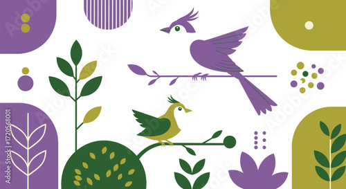 Charming flat design illustration featuring two adorable birds perched on branches amidst stylized foliage and abstract shapes in a delightful pastel palette.