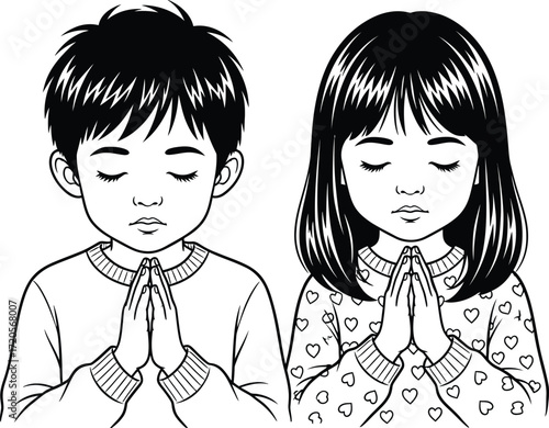 Two children praying with hands clasped, eyes closed, conveying innocence and devotion in a moment of quiet reflection and spiritual connection.