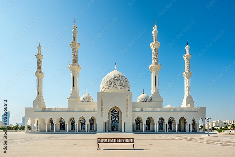 Fototapeta premium Stunning White Mosque with Minarets and Dome in Abu Dhabi Under Clear Blue Sky