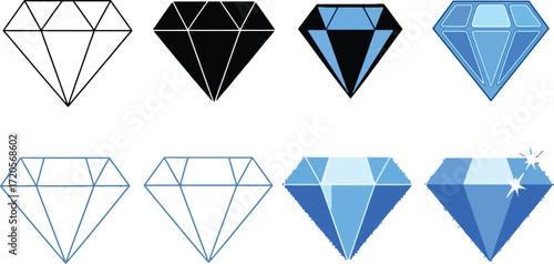 Stunning collection of eight diamond icons showcasing various styles from simple outlines to vibrant, sparkling gems for diverse design needs.