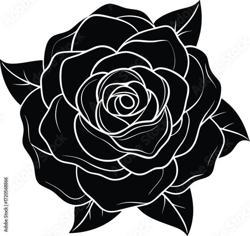Elegant Monochromatic Rose Flower with Leaves Graphic Design