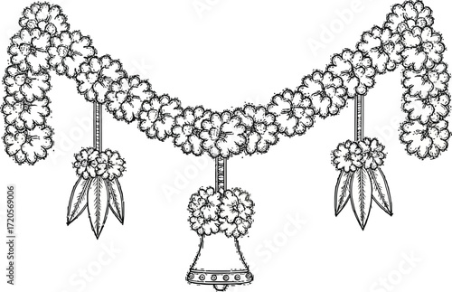 Elegant floral garland with hanging bell and leaves, perfect for festive celebrations, cultural events, and ornate decorative designs