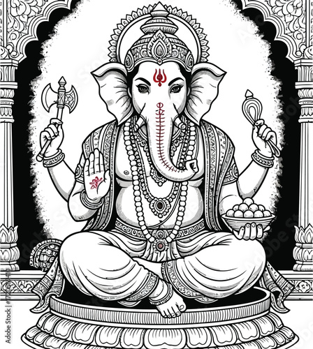 Majestic Ganesha sits serenely holding auspicious symbols, radiating divine blessings and spiritual wisdom for sacred art and cultural celebrations.