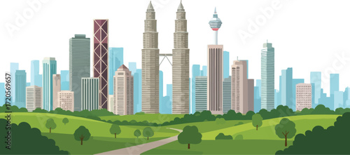 Vibrant cityscape featuring iconic skyscrapers and lush green parkland under a clear blue sky with fluffy clouds