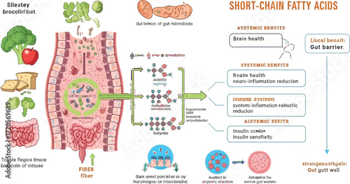 Visualizing the powerful benefits of short-chain fatty acids for gut health and systemic well-being, from brain function to immune support