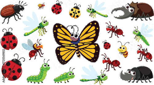 Vibrant collection of cute cartoon insects, including butterflies, ladybugs, dragonflies, ants, and beetles, perfect for educational and playful designs.