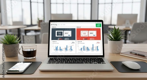 Boost conversions with A/B testing on a modern laptop in a bright office, showcasing data-driven decisions and optimized marketing strategies for business growth and success
