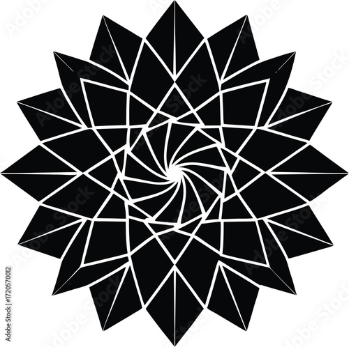 Abstract Black and White Geometric Star Mandala with Spiraling Faceted Design