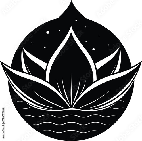 Black and White Lotus Flower on Water with Stars Circle Icon Design