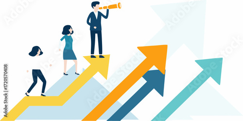 Business people climbing upward arrows symbolizing growth and future vision with a leader looking through a telescope