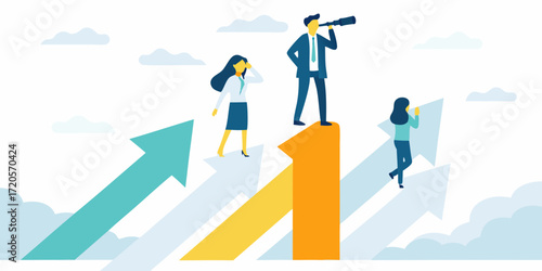 Business people looking into the future with a telescope on top of a rising arrow graph symbolizing growth and success