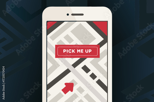 Smartphone displaying a stylized map with a prominent red pick me up button and a red arrow indicating location