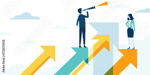 Business people looking into the future on rising arrows symbolizing growth and success