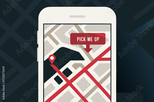 Smartphone displaying a map with a pickup location pin and a pick me up notification