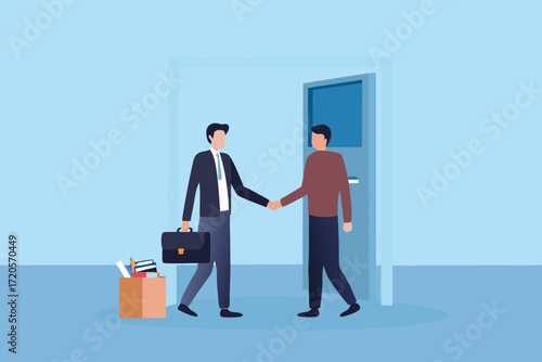 Man in suit shakes hands with colleague outside office door holding briefcase and box of belongings