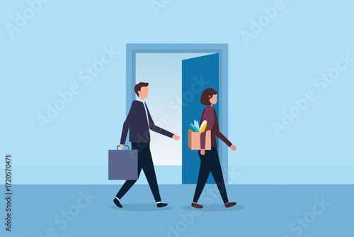 Business people walking through an open door with office belongings and a briefcase